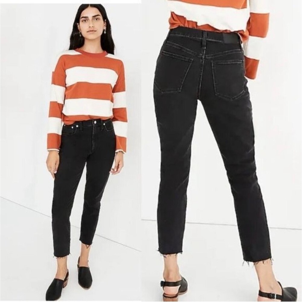 Madewell The High-Rise Slim Boyjean in Lunar Wash Black Raw Hem Jeans AA610 26